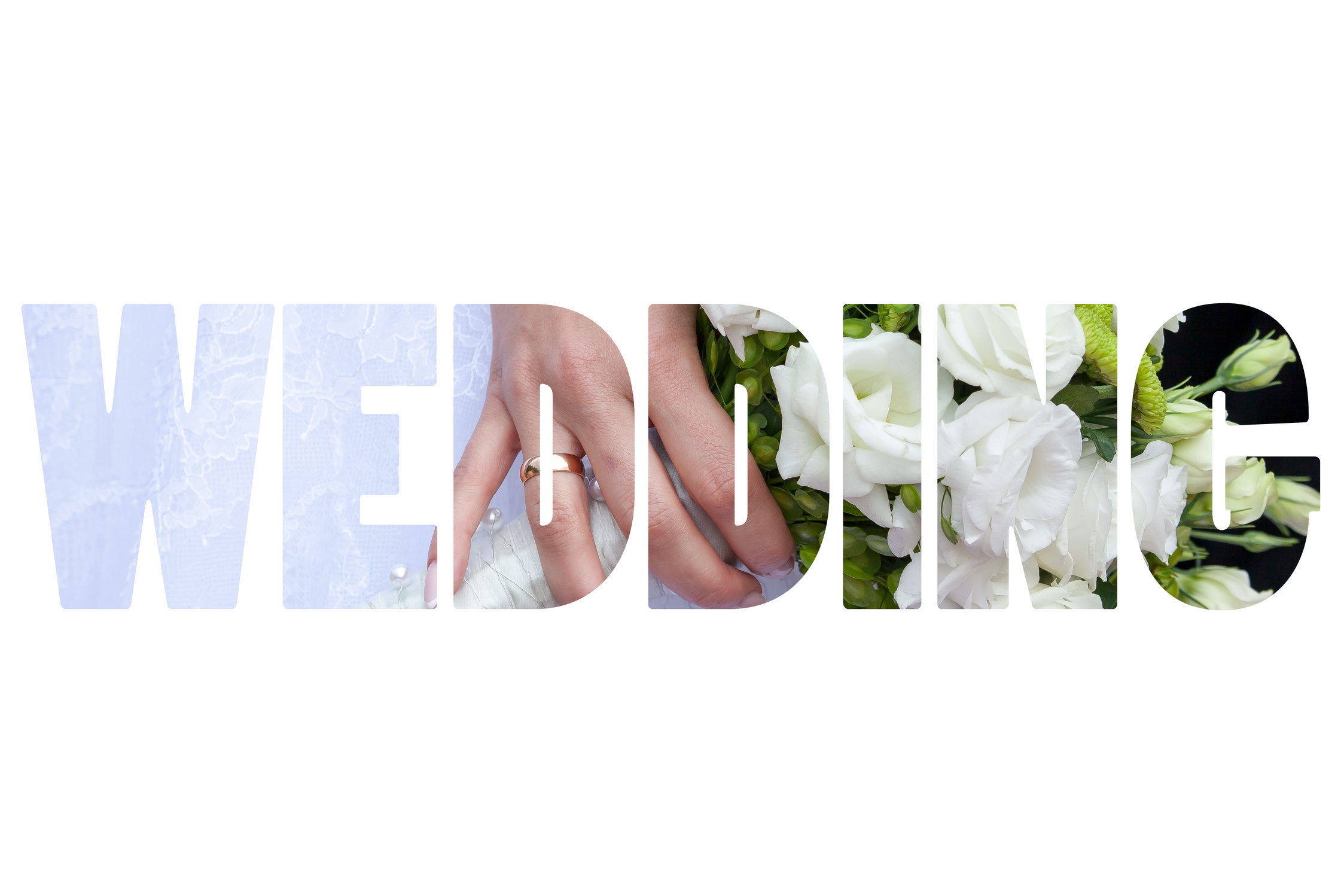 Word WEDDING over wedding background.